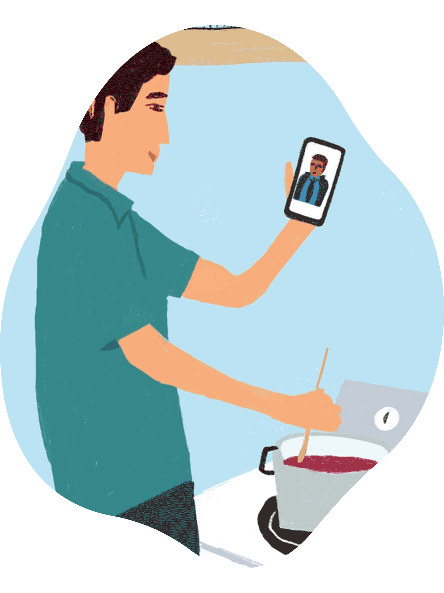 A man cooking while watching a video on a phone
